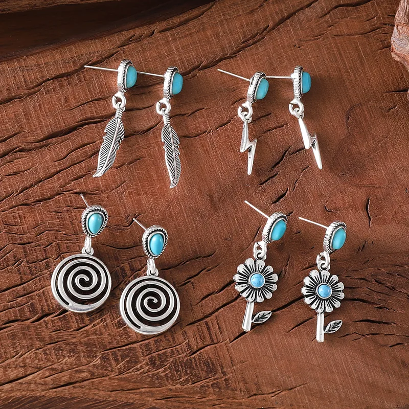 1 Pair Retro Feather Flower Lightning Alloy Turquoise Drop Earrings