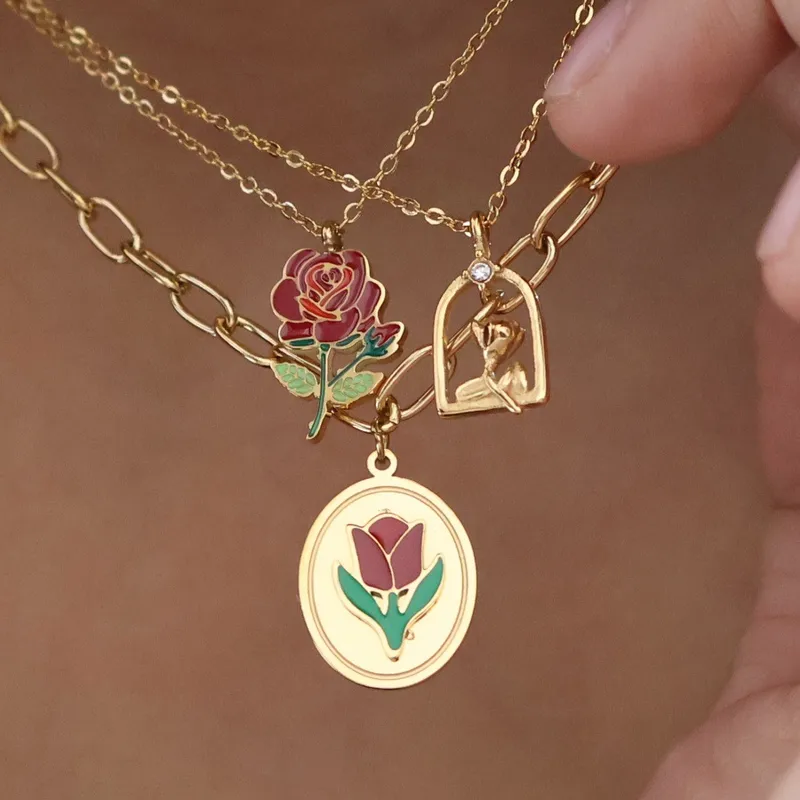 Retro Classic Style Rose Flower Tulips 304 Stainless Steel Plating 18K Gold Plated Unisex Pendant Necklace