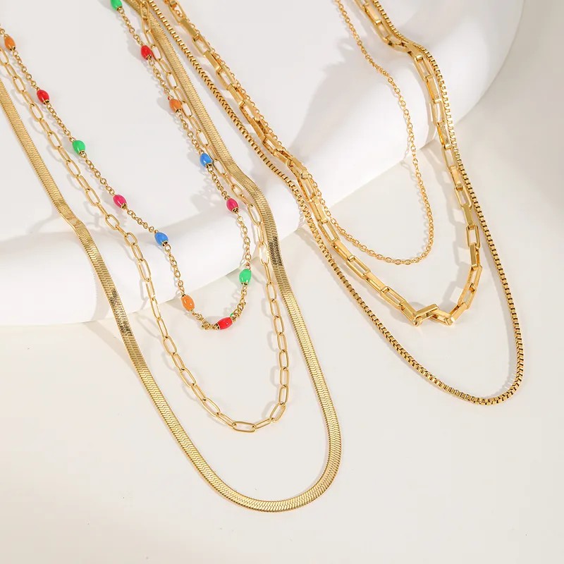 Casual Artistic Geometric 304 Stainless Steel Epoxy 18K Gold Plated Women's Three Layer Necklace