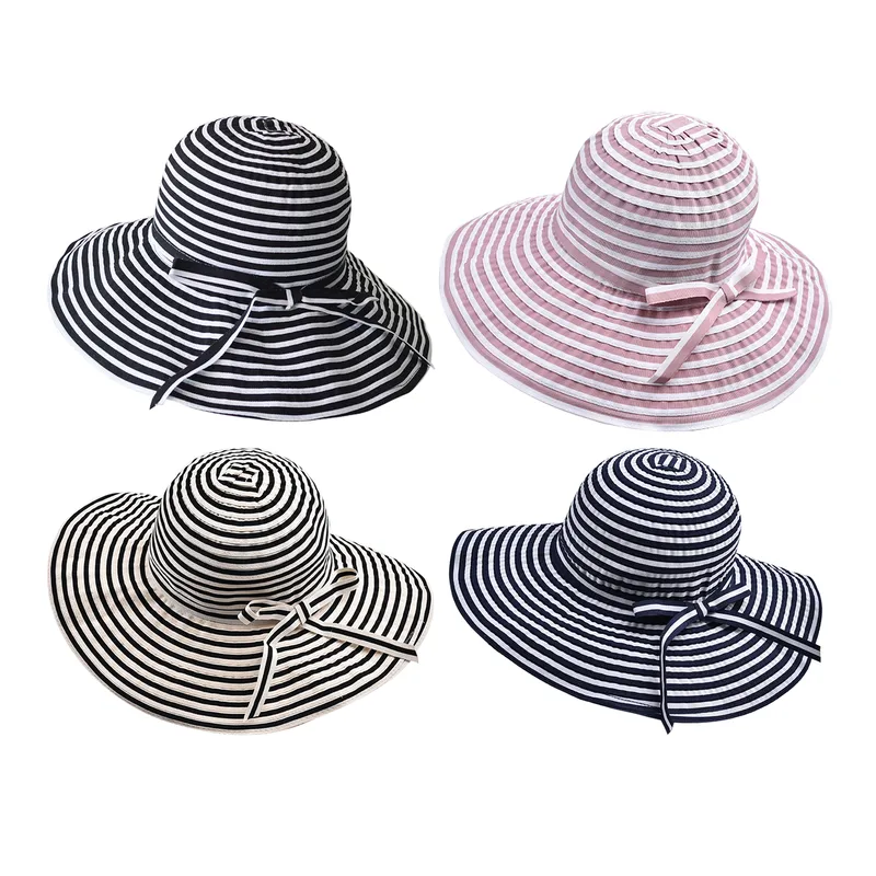 Women's Cute Sweet British Style Stripe Bowknot Big Eaves Sun Hat Bucket Hat