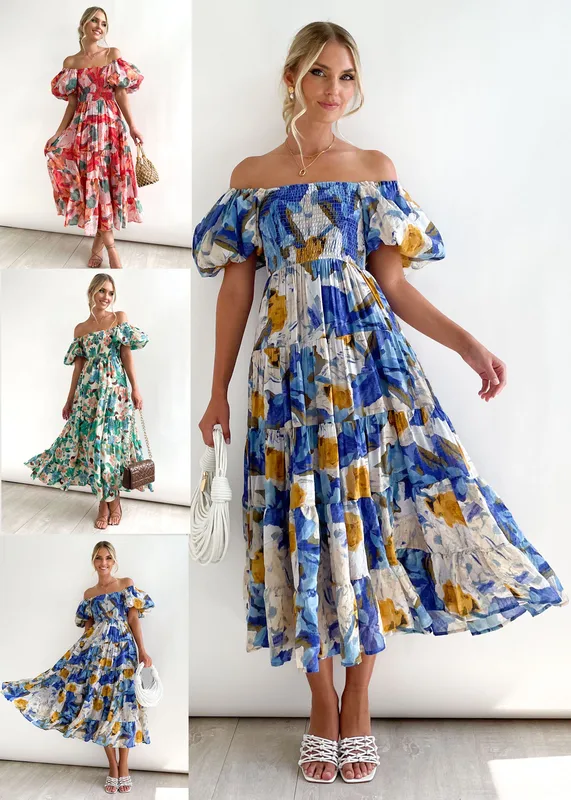 Women's Boho Dress Bohemian Boat Neck Ruffles Short Sleeve Printing Graffiti Midi Dress Daily Date