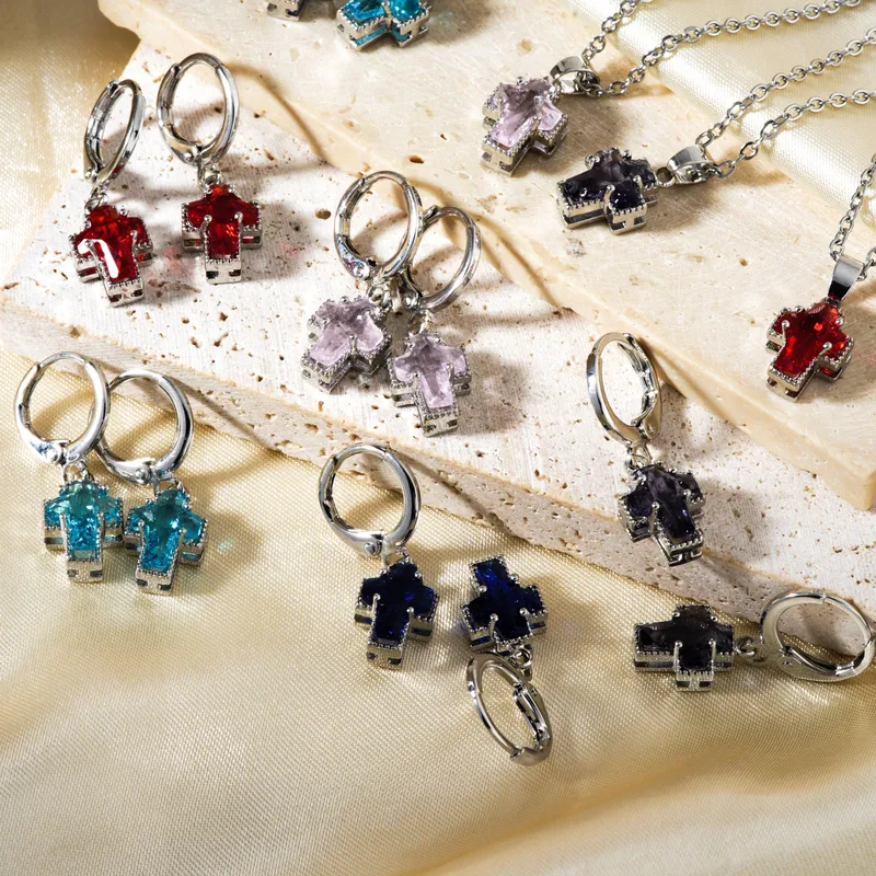 Casual Elegant Cross Copper Inlay Zircon Rhodium Plated Women's Earrings Necklace Jewelry Set