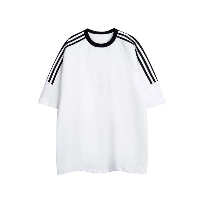 Drop Shoulder Three Bars Striped Cotton T-shirt Custom Class Uniform Picture Printing Logo Culture Advertising Shirt Short Sleeve Loose Fashion Brand
