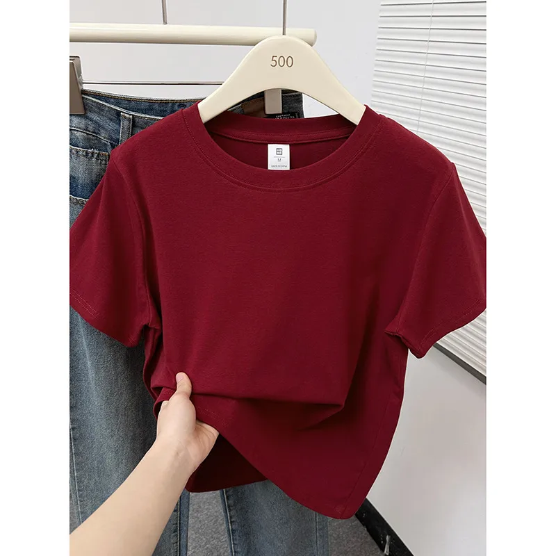 220G Round Neck Shoulder Short Sleeve T-shirt 40 Pieces 1*1 Rib 92% Cotton 8% Spandex Printed Logo Open Design