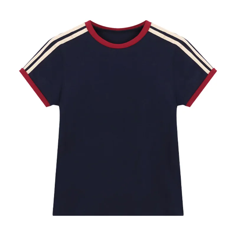 220G Contrast Color Stripe Short-Sleeved T-shirt 40 Pieces 1*1 Rib 92% Cotton 8% Spandex Open Version Custom Printed Logo