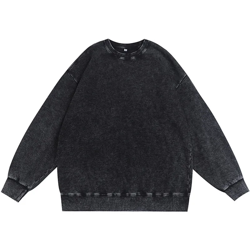 American European Size Retro Washed Round Neck Pullover Heavy Terry Sweater Loose Shoulder Plus Size Top Custom Logo