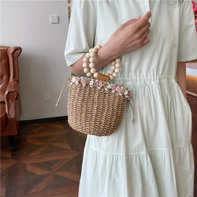 Women's Straw Flower Vacation Bucket String Straw Bag