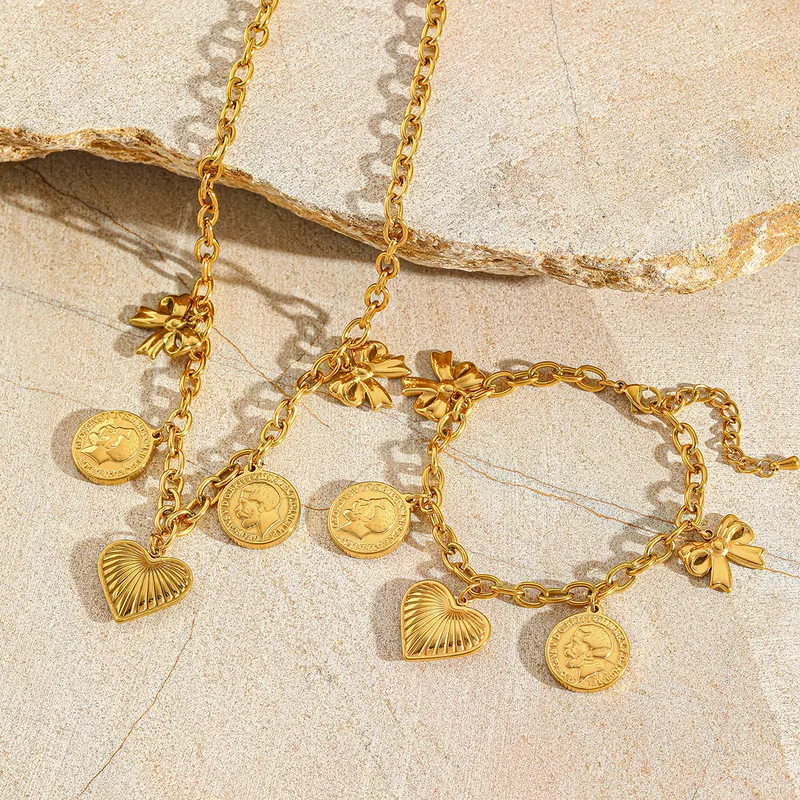 Casual Elegant Vintage Style Geometric Heart Shape Bow Knot 304 Stainless Steel Plating 18K Gold Plated Women's Bracelets Necklace