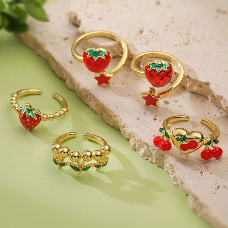 Sweet Cherry Copper Enamel Women's Open Rings