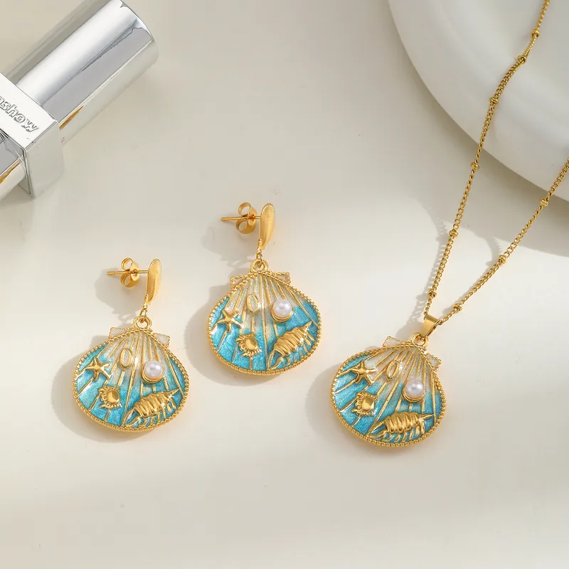 Cute Marine Style Artistic Shell 304 Stainless Steel Enamel Plating Inlay Imitation Pearl 18K Gold Plated Women's Earrings Necklace