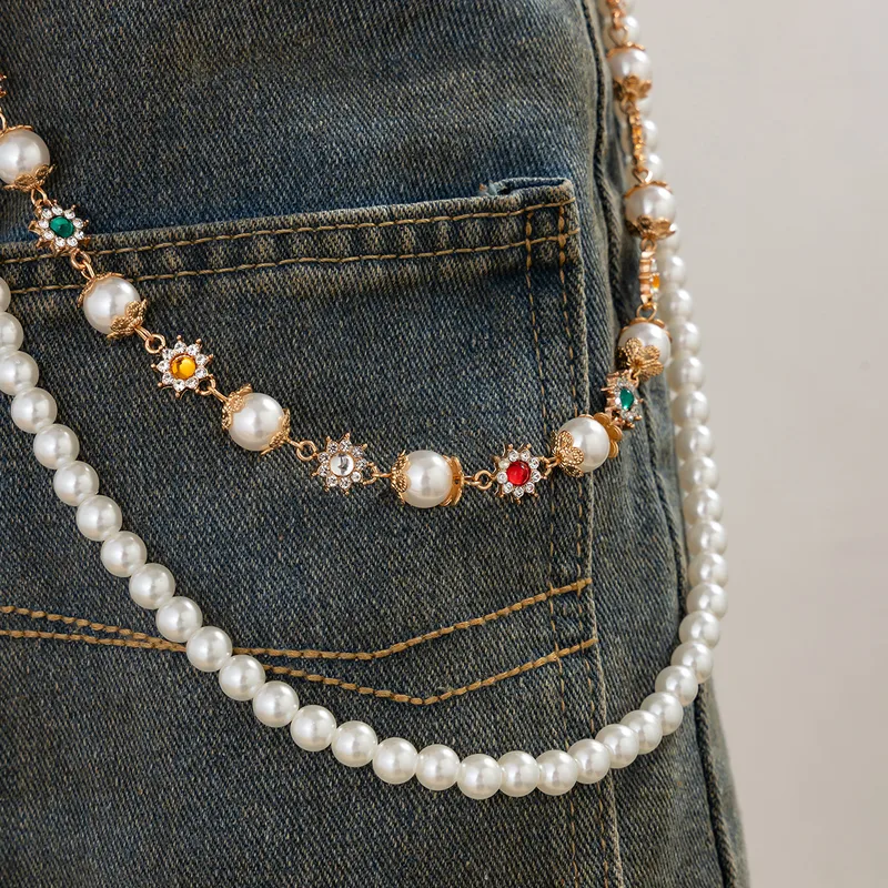 1 Piece Retro Punk Streetwear Round Imitation Pearl Alloy Inlay Rhinestones Unisex Phants Zipper