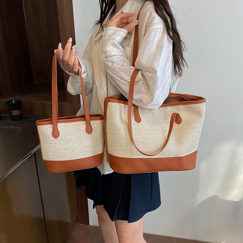 Women's Large Pu Leather Straw Color Block Streetwear Sewing Thread Square Zipper Tote Bag