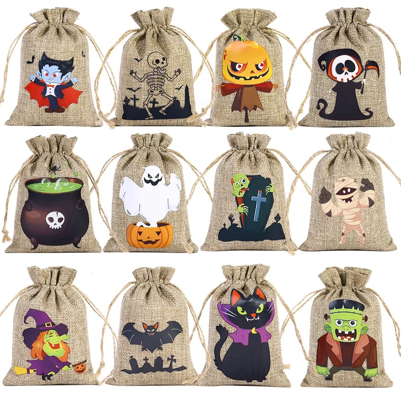 New Halloween Linen Drawstring Bag Candy Cookies Buggy Bag Halloween Gift Decoration Drawstring Drawstring Pocket