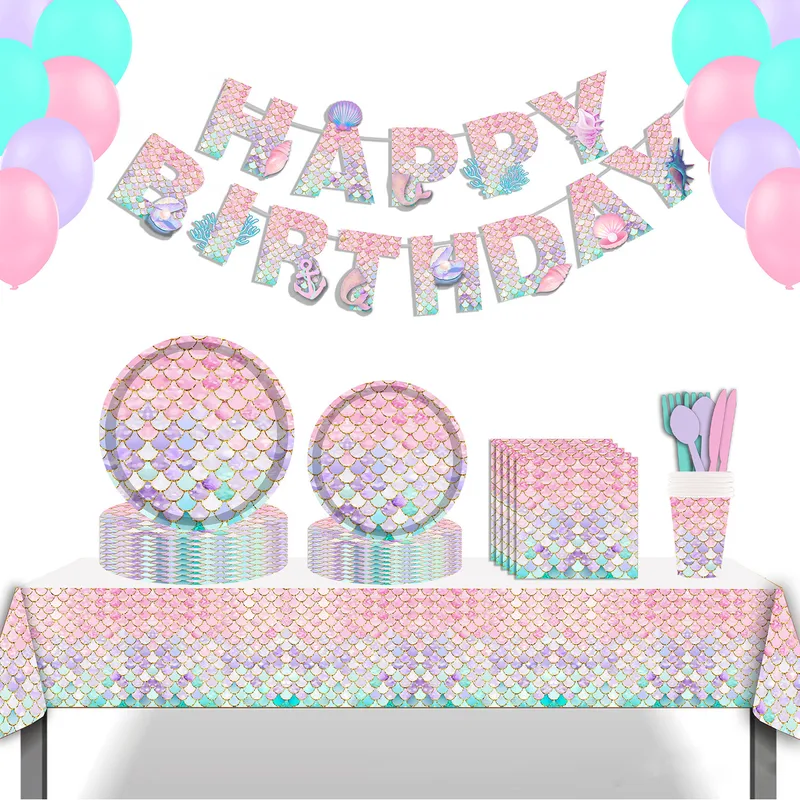 New Cartoon Mermaid Children's Birthday Disposable Cutlery Set Includes Knife Fork Spoon Paper Cup Napkin Paper Plate
