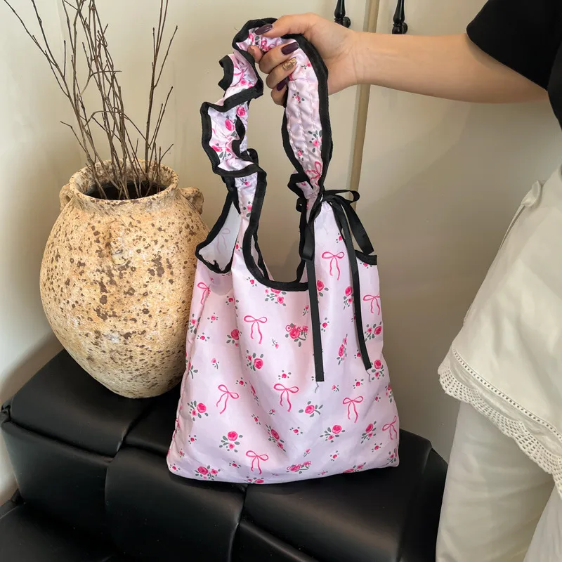 Women's Nylon Polka Dots Bow Knot Cute Square Open Tote Bag