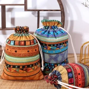 Cotton Drawstring Drawstring Bag Bronzing Cotton Four-Color Ethnic Style Drawstring Bag Ethnic Drawstring Gift Packaging Bag