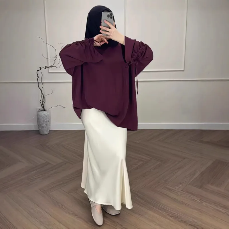 Abaya Color Block Set Loose Fit Long Sleeve Top & Midi Skirt Lounge Outfit Women's Modest Fashion