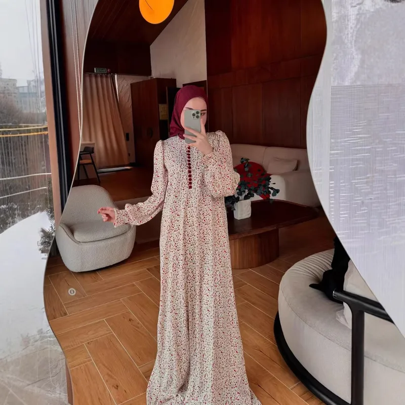 Floral Print Abaya Dress Long Sleeve Maxi With Flowing Skirt - Spring Autumn Muslim Women Fashion