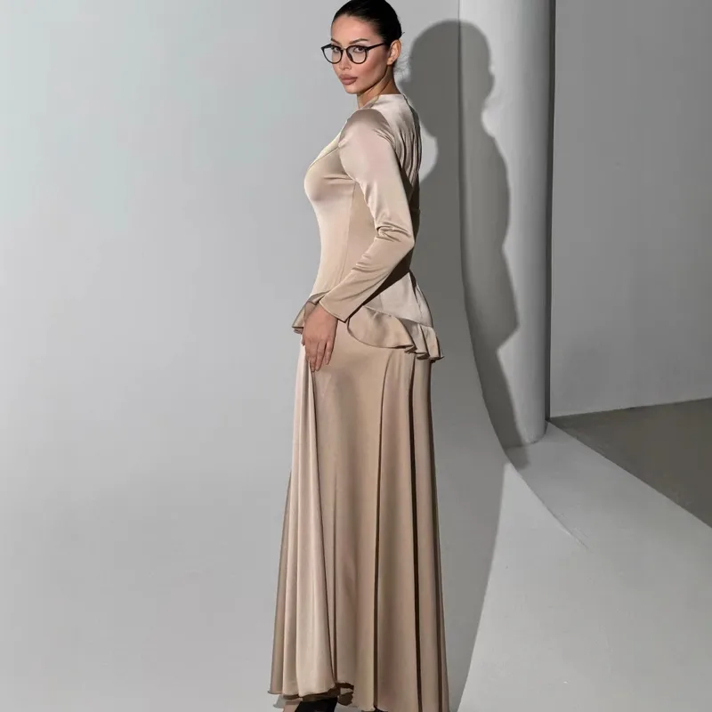 Elegant Satin Long Sleeve Dress With Ruffled Hem, Pure Color Spring/Autumn Women's Fashion