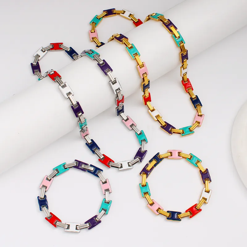 Vintage Style Classic Style Geometric 304 Stainless Steel Enamel 18K Gold Plated Women's Bracelets Necklace