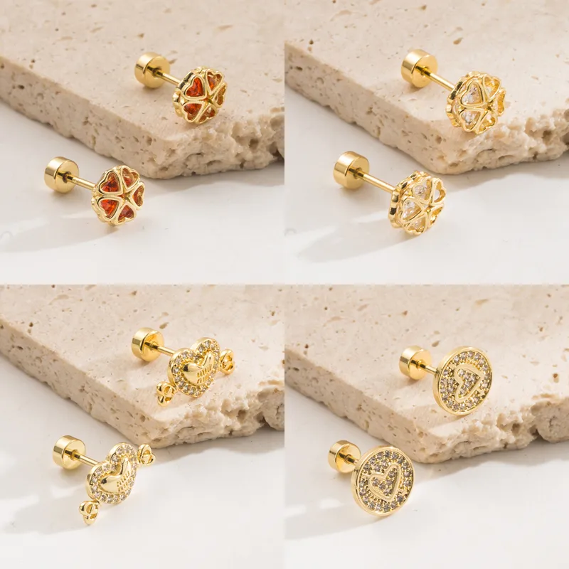 1 Pair Sweet Simple Style Pentagram Four Leaf Clover Heart Shape 304 Stainless Steel Rhinestones 18K Gold Plated Ear Studs