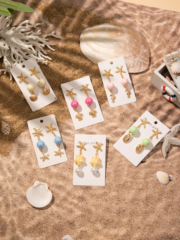 1 Pair Vacation Beach Starfish Turtle Shell Alloy Resin Drop Earrings