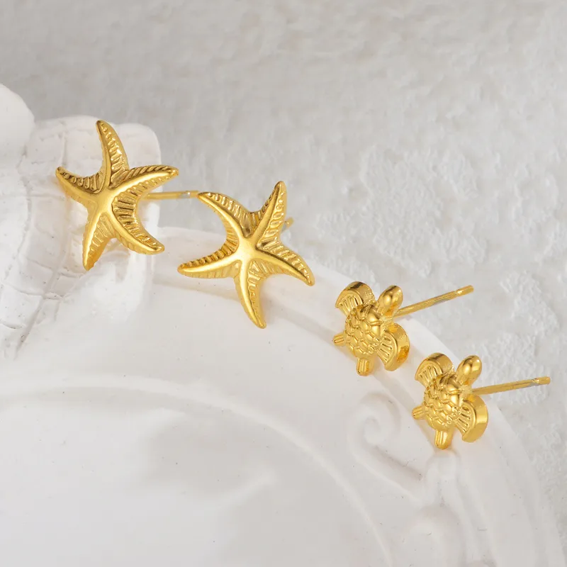 1 Pair Marine Style Classic Style Starfish Turtle 304 Stainless Steel 18K Gold Plated Ear Studs