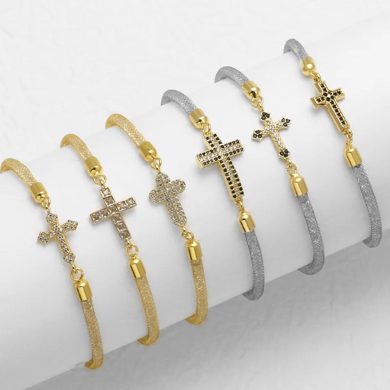 Elegant Simple Style Streetwear Cross Copper Inlay Zircon 18K Gold Plated Unisex Bracelets