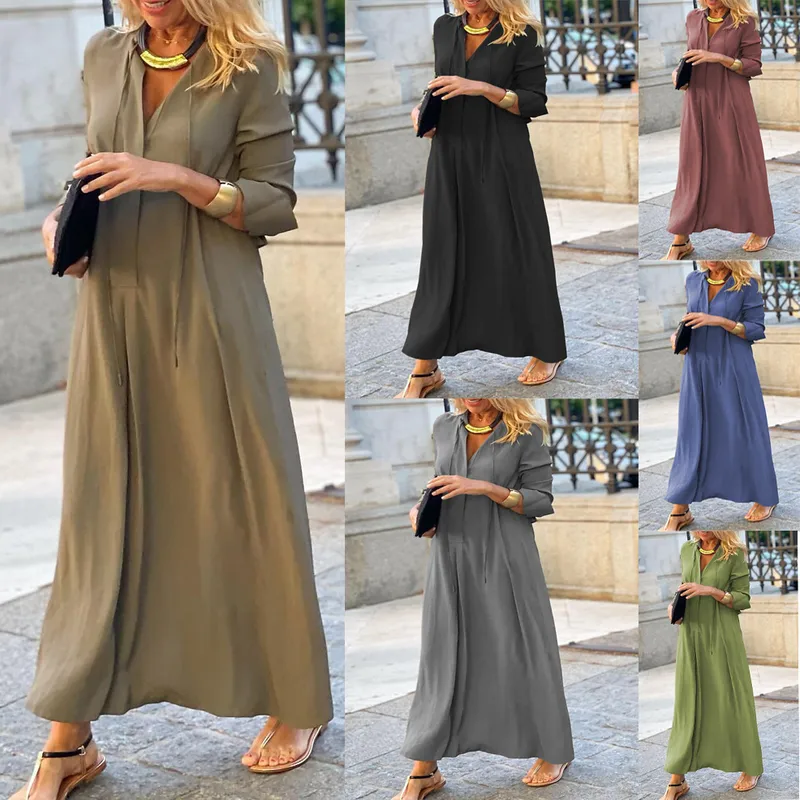 Casual Long Sleeve Solid Color Shirt Dress V-neck High Waist Ankle Length  Style New  Big Swing Skirt Dress