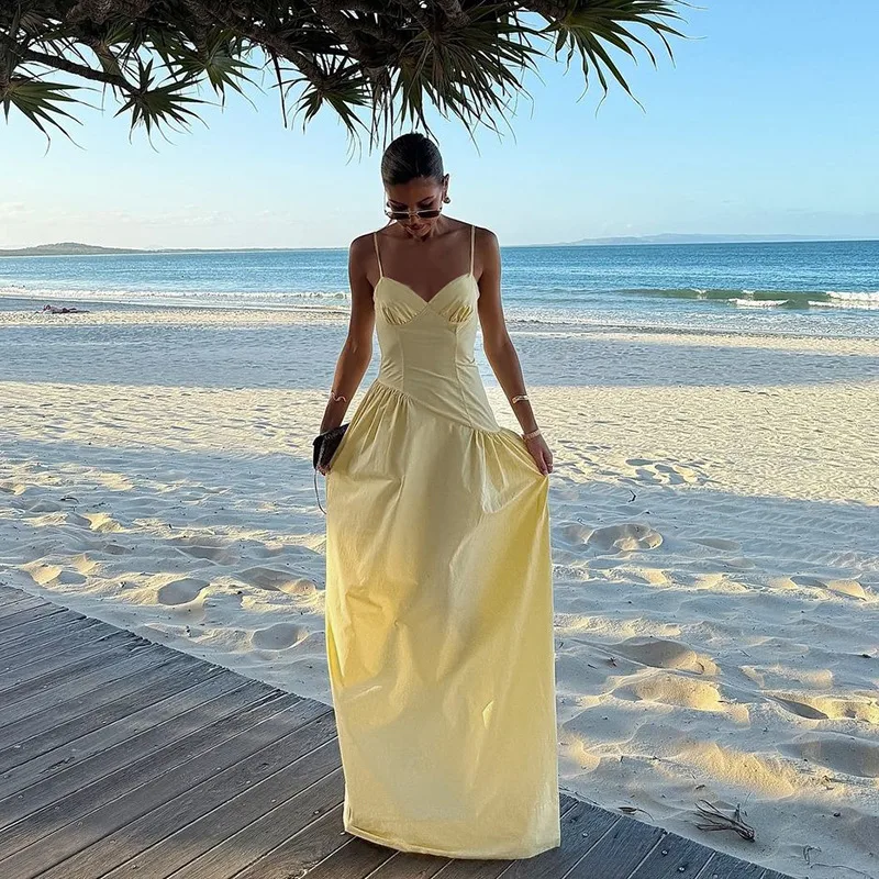 Women's A- Line Skirt Elegant European And American Wind Streetwear Strap Sleeveless Solid Color Maxi Long Dress Casual Banquet Street