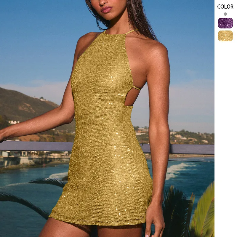 Women's Sequin Dress Hip Skirt Party Dress Elegant Streetwear Halter Neck Backless Sleeveless Solid Color Above Knee Evening Party Cocktail Party