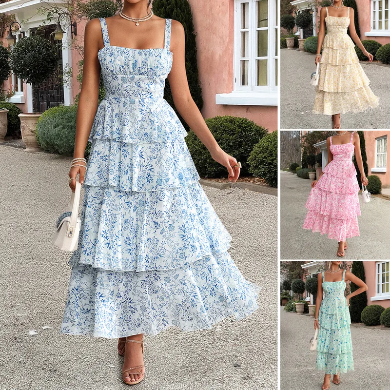 Women's Floral Dress Casual Strap Backless Sleeveless Flower Maxi Long Dress Daily
