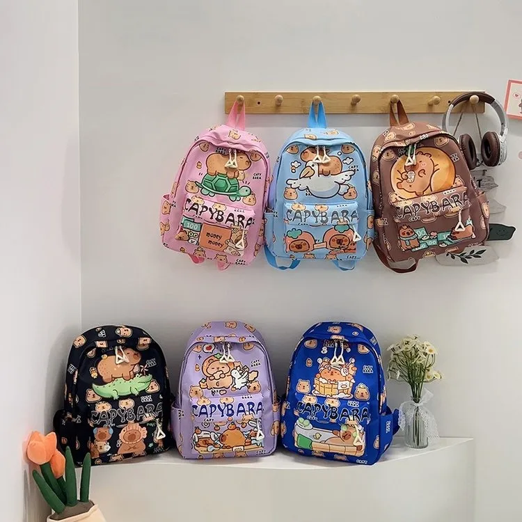Kid'S Nylon Cartoon Capybara Cute Square Zipper Functional Backpack