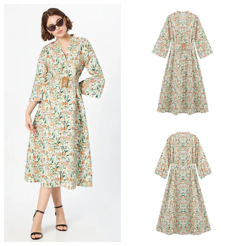 Women's Floral Dress Elegant V Neck Nine Points Sleeve Ditsy Floral Maxi Long Dress Holiday Travel Daily