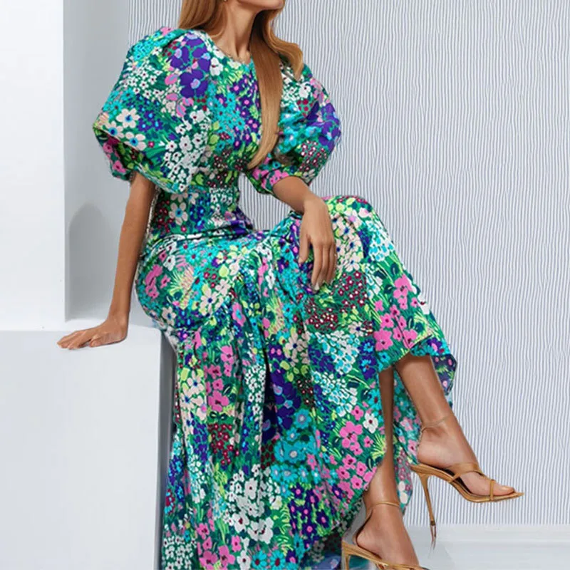 Women's Hip Skirt Elegant Style Tropical Pastoral Round Neck Printing Half Sleeve Multicolor Maxi Long Dress Office Indoor Daily