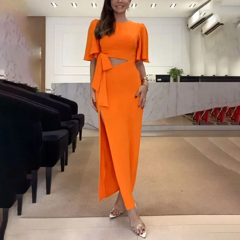 Women's Irregular Skirt Elegant Sexy Romantic Round Neck Lace-Up Half Sleeve Solid Color Maxi Long Dress Travel Daily Date