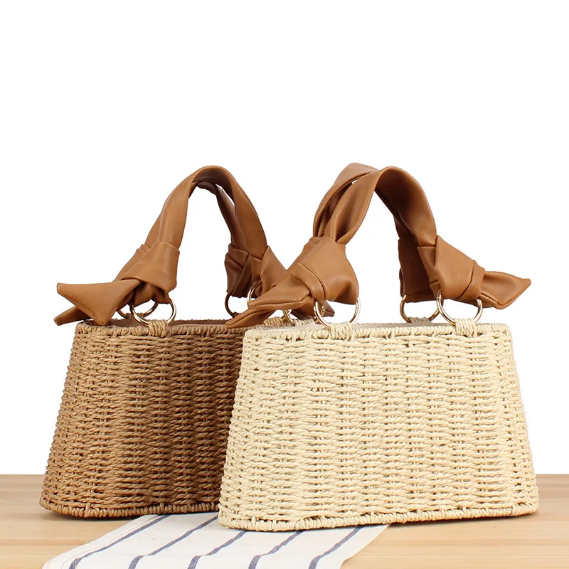 Women's Small Straw Solid Color Vacation Weave Trapezoid String Straw Bag