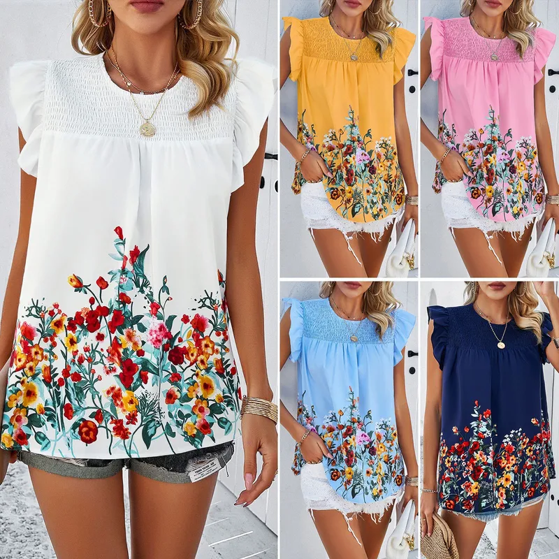 Women's Chiffon Shirt Sleeveless Blouses Casual Simple Style Streetwear Flower
