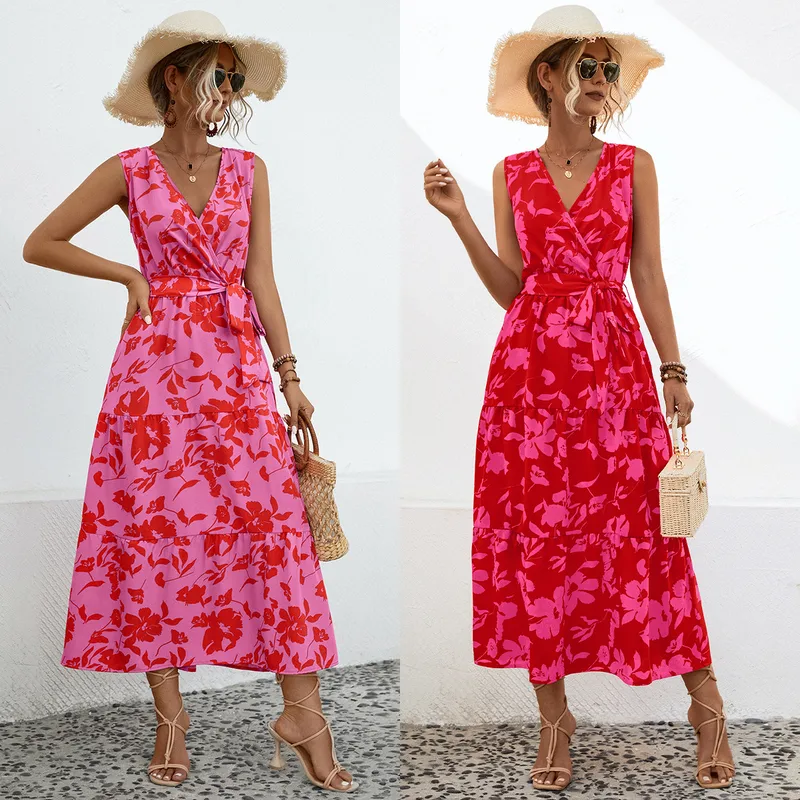 Women's Bandage Dress Tea Dress Casual Elegant Simple Style V Neck Sleeveless Printing Flower Maxi Long Dress Travel Daily Date