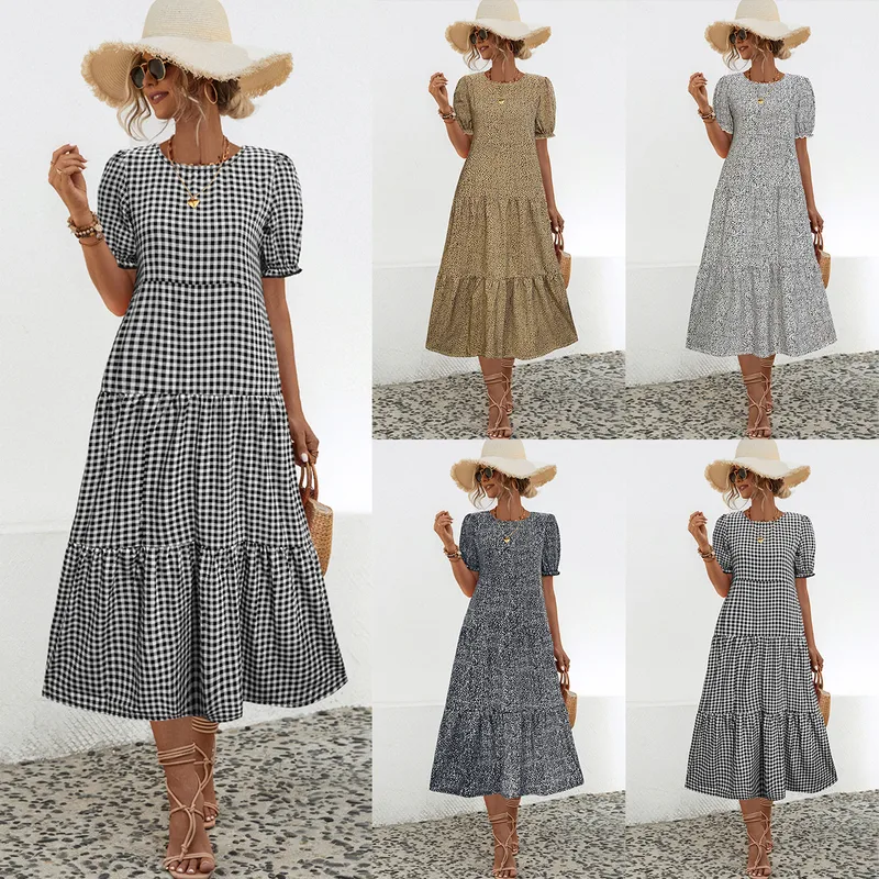 Women's Plaid Dress Polka Dot Dress Tiered Skirt Elegant Temperament Commuter Simple Style Round Neck Patchwork Short Sleeve Plaid Maxi Long Dress Office Indoor Daily