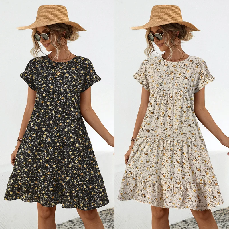 Women's A- Line Skirt Casual Elegant Fresh Wind Round Neck Short Sleeve Ditsy Floral Above Knee Office Travel Daily