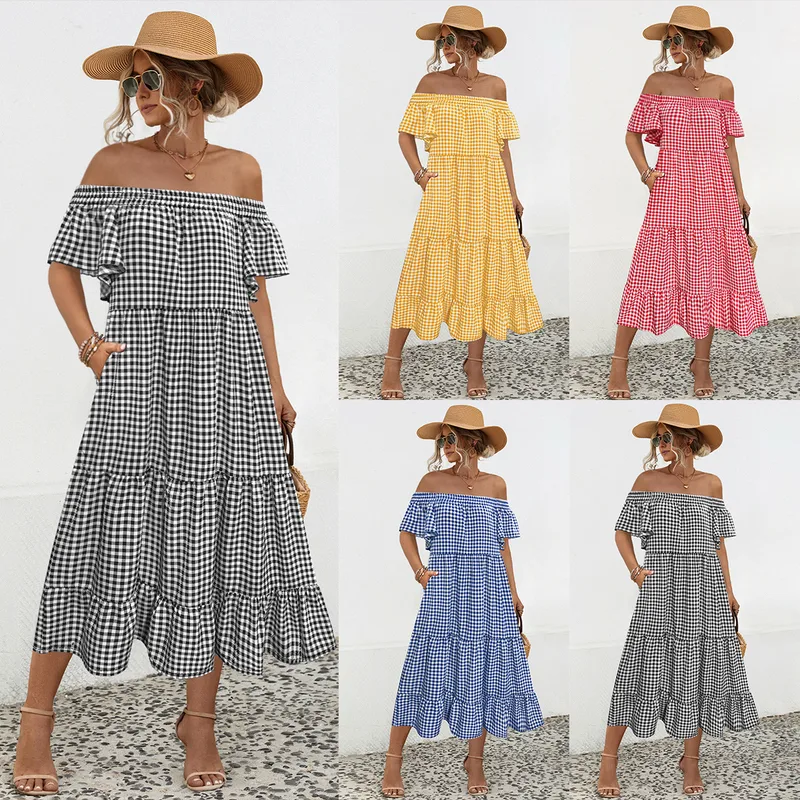 Women's Tiered Skirt Elegant Preppy Style Simple Style Boat Neck Short Sleeve Lattice Maxi Long Dress Class Office Daily