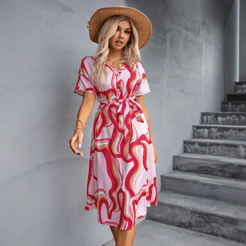 Women's Swing Dress Casual Elegant Basic V Neck Lace-Up Short Sleeve Printing Midi Dress Travel Daily Date