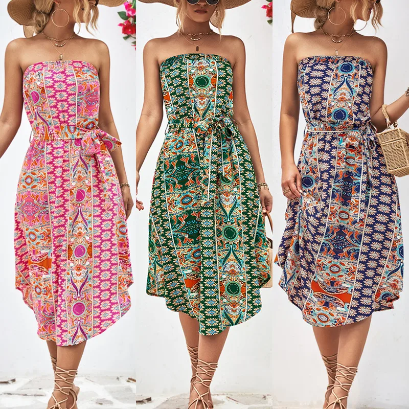Women's Pencil Skirt Fresh And Sweet Fresh Wind Collarless Printing Sleeveless Printing Midi Dress Outdoor Travel Daily