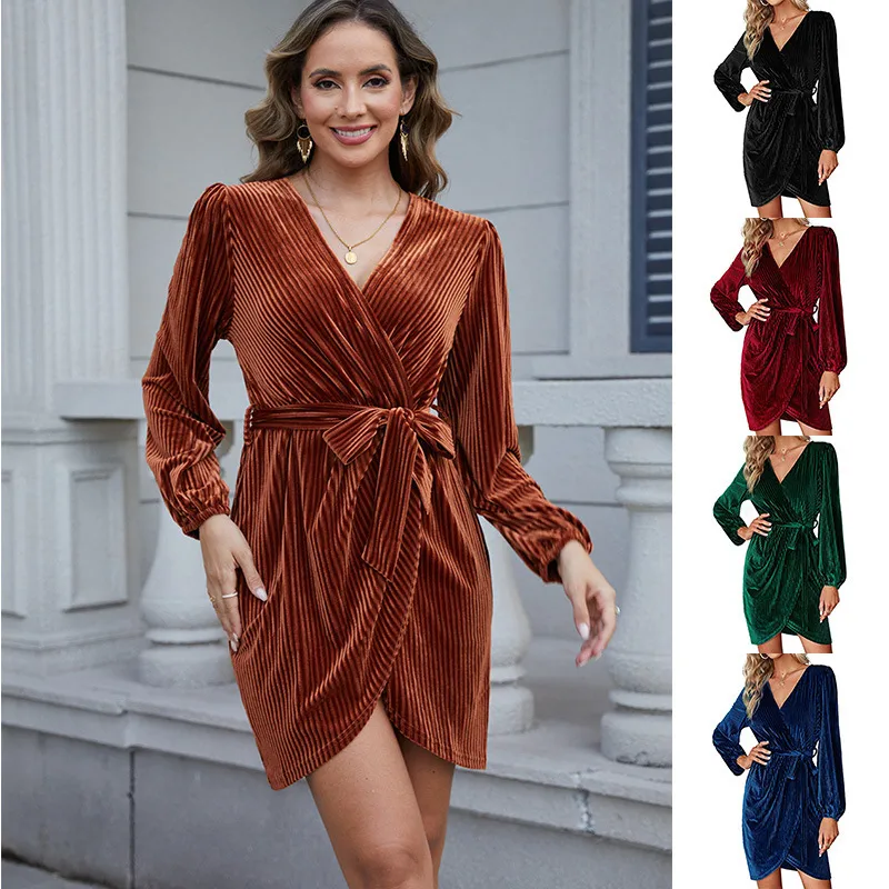 Women's Adults A- Line Skirt Princess Wind Fresh And Sweet V Neck Pullovers Belt Long Sleeve Solid Color Knee-Length Party Street