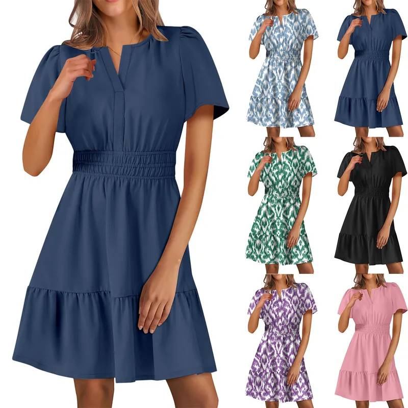 Women's A- Line Skirt Elegant Style Temperament Commuter V Neck Lace Short Sleeve Solid Color Knee-Length Office Indoor Daily