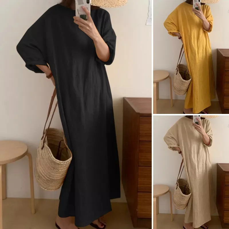 Women's Irregular Skirt Temperament Commuter Round Neck Patchwork Long Sleeve Solid Color Maxi Long Dress Office Indoor Daily