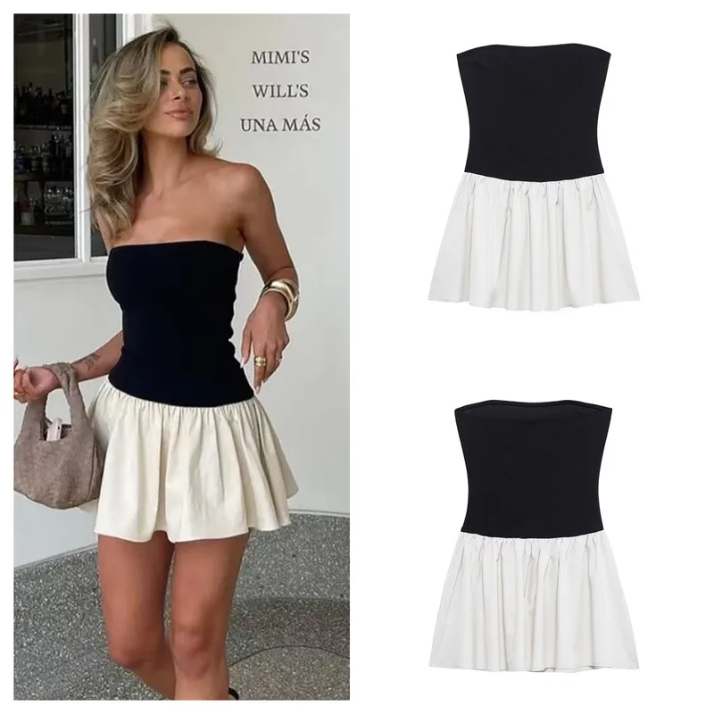 Women's Pleated Dress Casual Simple Style Strapless Pleated Sleeveless Multicolor Above Knee Daily