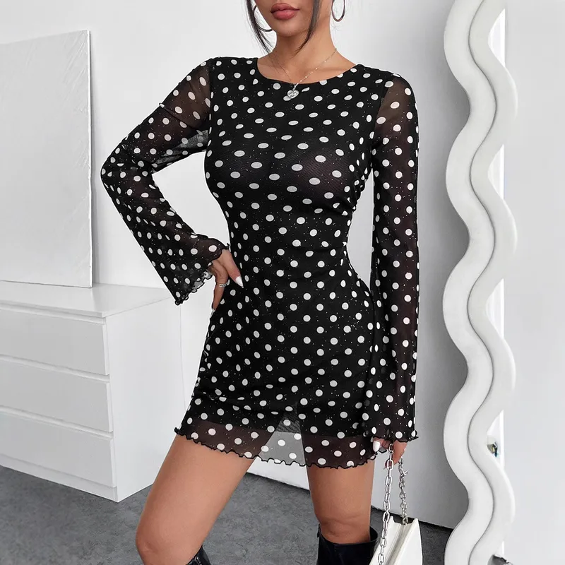 Women's Adults A- Line Skirt European And American Wind Streetwear Round Neck Pullovers Net Yarn Long Sleeve Polka Dots Above Knee Prom Date Tea Party