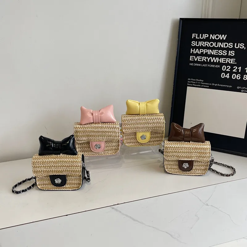 Women's Straw Bow Knot Elegant Cute Square Lock Clasp Crossbody Bag